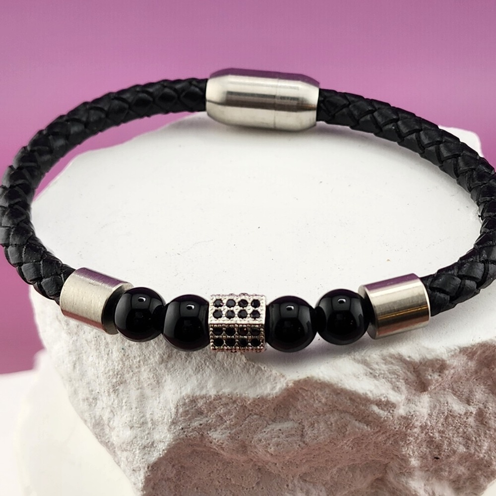 Black Glass Bead Braided Leather Bracelet Silver Rhinestone Goth Jewelry 7.5in